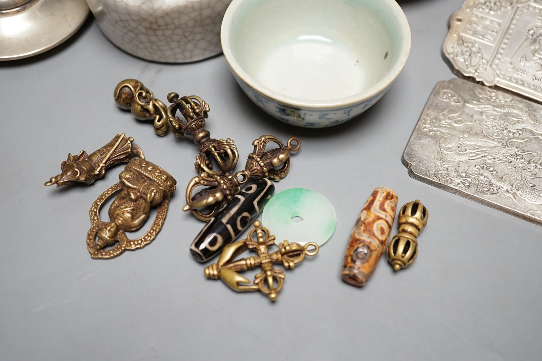 Mixed Chinese ornamental metalware and ceramics, including a pair of storks, 17.5 cms high.